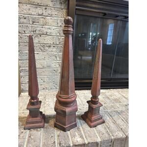 Vintage Cast Metal Architectural Finials Obelisk Aged Red Finish ~Set of 3